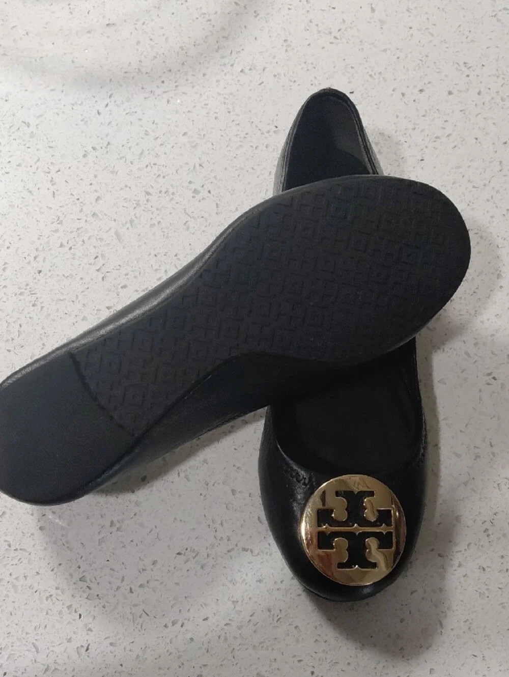 Tory Burch Black Leather Ballet Flats with Gold Logo Medallions